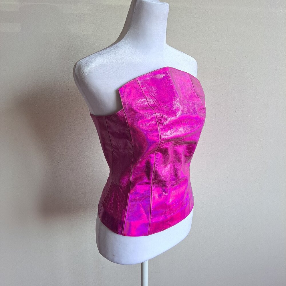 Plein Sud neon hot pink metallic genuine leather corset top Size 38 / XS - Picture 2 of 16